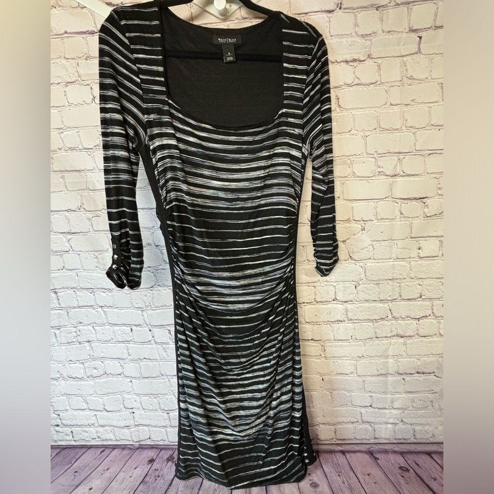 WHBM Black White Striped Midi Lined Minimalist Ruched Waist 3/4 Sleeve Size M